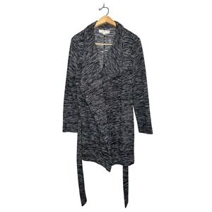 Ann Taylor LOFT Cozy Open Front Belted Cardigan Sweater Marled Knit Grey Large L